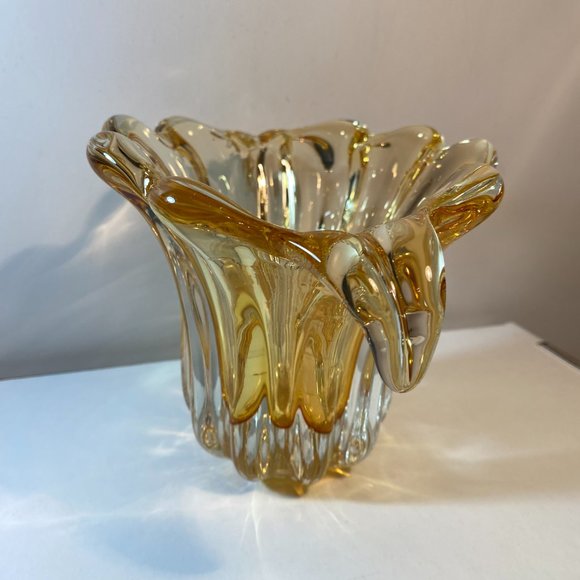 Vintage Golden Amber Hand Blown Glass Vase with Drip Handles - Picture 3 of 4